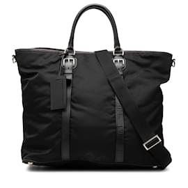 Borsa Tote Convertibile Aperta Prada in Tessuto con Rifiniture in Saffiano Nera