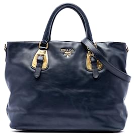 Borsa Shopping Tote Satchel Prada in pelle di vitello morbida blu, aperta e convertibile