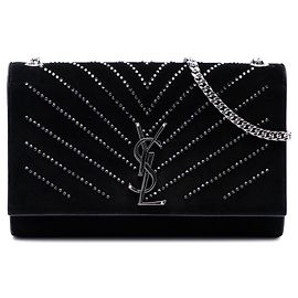 Borsa a tracolla Kate in camoscio nero con monogramma in cristalli Saint Laurent