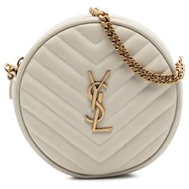 Borsa Camera Round in Vinile Chevron Grain De Poudre Bianca Saint Laurent