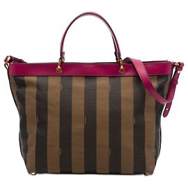 Borsa Satchel Fendi Large Pequin in tela marrone