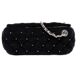 Clutch da polso Chanel CC in velluto trapuntato nero con cristalli