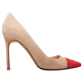 Décolleté in camoscio con punta a spillo e cap-toe Manolo Blahnik Beige & Red Taglia 40