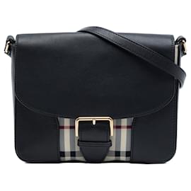 Borsa a tracolla Burberry Small Haymarket Check in nylon e pelle nera
