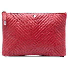 Clutch Chanel Large Diagonal Quilted Lambskin O Case Rossa