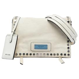Borsa a tracolla Prada Glace Calfskin Studded Etiquette bianca