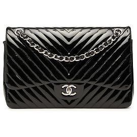 Borsa a tracolla Chanel Jumbo Classic Chevron Patent Double Flap Nera