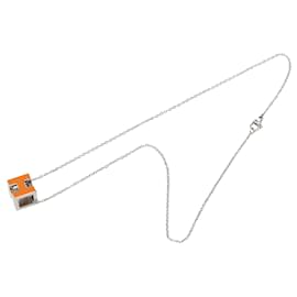 Collier pendentif Cage D en laque orange Hermès plaqué palladium