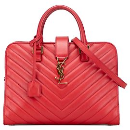Borsa Cabas Satchel Saint Laurent Small in pelle di vitello Chevron rossa con monogramma