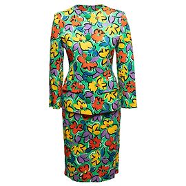 Designers Remix Traje de falda Givenchy vintage con estampado floral verde y multicolor talla US M
