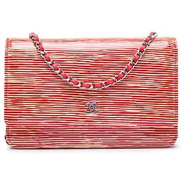 Borsa a tracolla Chanel CC a righe in vernice rossa con catena