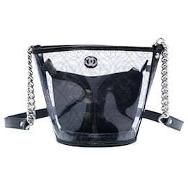 Borsa a secchiello Chanel Coco Camellia Small in PVC nero e vitello stropicciato