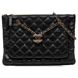 Borsa crossbody Chanel CC in pelle d'agnello matelassé nera con doppia zip