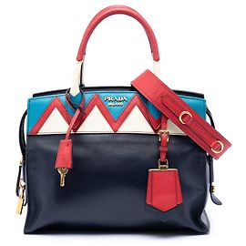 Borsa Satchel Prada City Calf Greca Esplanade Blu in Saffiano Medium