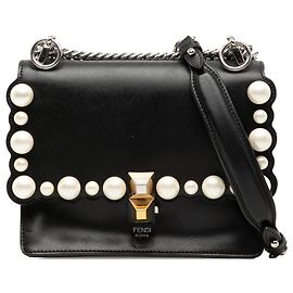 Borsa a tracolla Fendi Mini Kan I in pelle festonata nera e perle