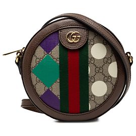 Borsa a tracolla rotonda Gucci GG Supreme Web Ophidia con stampa grafica marrone