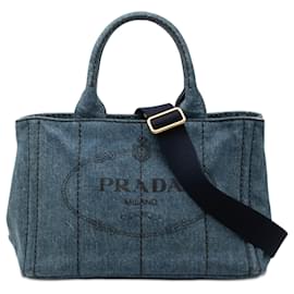 Borsa Satchel Prada Small Denim Canapa Logo Blu