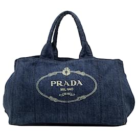 Borsa Satchel Prada Large Denim Canapa Logo Blu