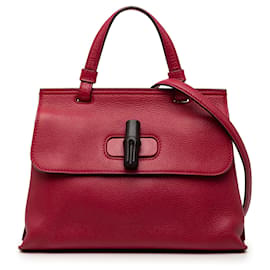 Borsa Satchel Daily Gucci Medium in pelle rossa con bambù