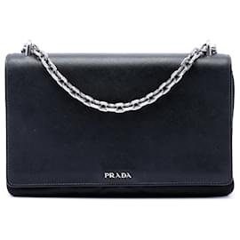 Borsa a tracolla con catena Prada Saffiano Lux e Tessuto Nera