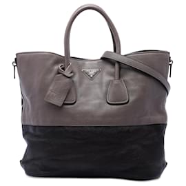 Borsa Tote Convertibile Bicolore in pelle di cervo Cervo grigia con zip laterale Prada