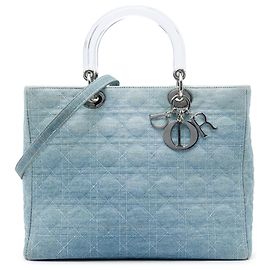 Borsa Lady Dior in denim blu grande con manici in acrilico cannage