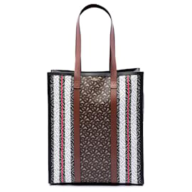 Tote verticale a righe in E-Canvas con monogramma TB Burberry marrone