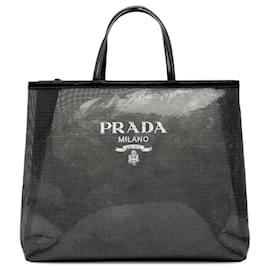 Tote Prada Large in rete con paillettes e logo nero