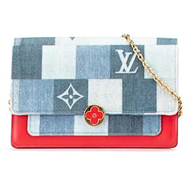 Borsa a tracolla portafoglio con catena Louis Vuitton Monogram Denim Patchwork Fiore blu
