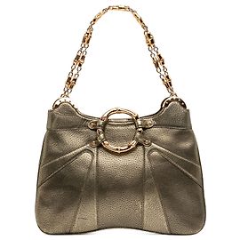 Bolsa de ombro com corrente e anel de bambu Gucci em couro de bezerro metalizado dourado