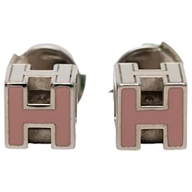 Pink Hermès Palladium Plated Enamel Cage D H Push Back Earrings