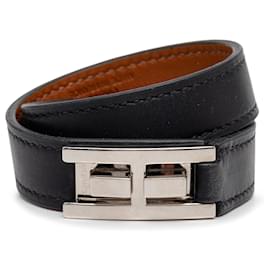 Black Hermès Leather Drag Double Tour Wrap Bracelet T1