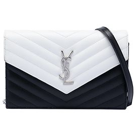 Borsa a tracolla portafoglio bustina bicolore in pelle grain de poudre chevron monogram Saint Laurent nero