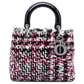 Borsa Lady Dior in tweed cannage con frange nero, misura Medium