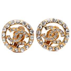 Gold Chanel CC Gold Plated Strass Round Clip On Earrings
