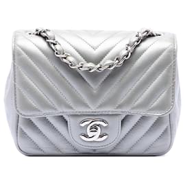 Silver Chanel Mini Square Classic Chevron Caviar Single Flap Crossbody Bag