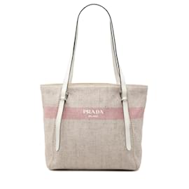Borsa Tote Shopper Prada in tela beige con logo e strisce