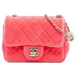 Borsa a tracolla Chanel Mini Square Classic Velvet Pearl Crush Single Flap rosa