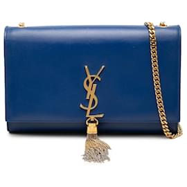 Borsa a tracolla Kate con nappa in pelle di vitello liscia con monogramma blu media Saint Laurent