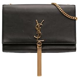 Saint Laurent Borsa a tracolla Kate Classic Monogram in pelle di vitello liscia nera, misura Medium