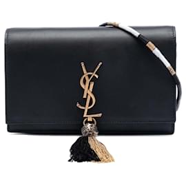 Borsa a tracolla crossbody Kate bicolore con nappa in pelle di vitello liscia monogrammata nera Saint Laurent