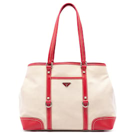 Beige Prada Canvas Tote mit Lederbesatz und Nieten