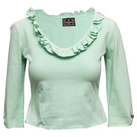 Mintfarbener Fendi Pullover mit Rüschenbesatz und Dreiviertelärmeln Größe IT 44