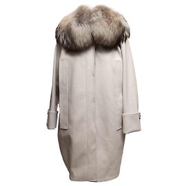 Hellgrauer Roberto Cavalli Mantel aus Virgin Wool mit Pelzbesatz Größe IT 44