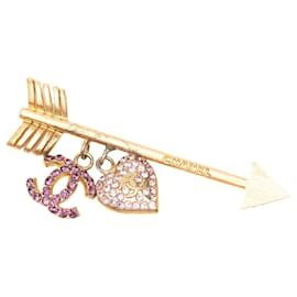 Chanel CC Gold Plated Strass Pfeil Herz Anhänger Brosche