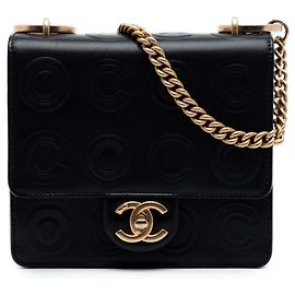 Borsa a tracolla Chanel Mini Square in pelle di vitello con logo Coco in rilievo nero