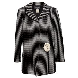 Giacca Chanel a righe Camelia vintage bianco e nero Taglia FR 48