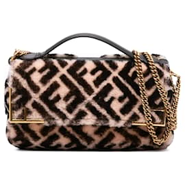 Fendi Zucca Shearling Double F Baguette Satchel Tasche Braun