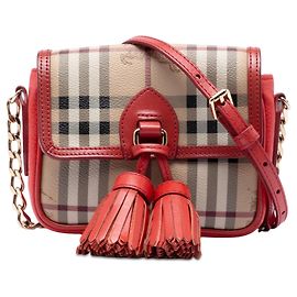 Bolso bandolera Burberry Mini Haymarket Check en lona revestida beige con borla