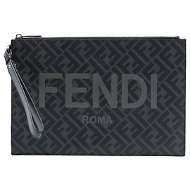 Pochette y bolso de mano plano Fendi Zucca en lona revestida FF 1974 con logotipo diagonal gris